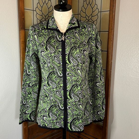 Exclusively Misook Cardigan Zippered Paisley Green and Black Sweater Size M - Picture 1 of 12